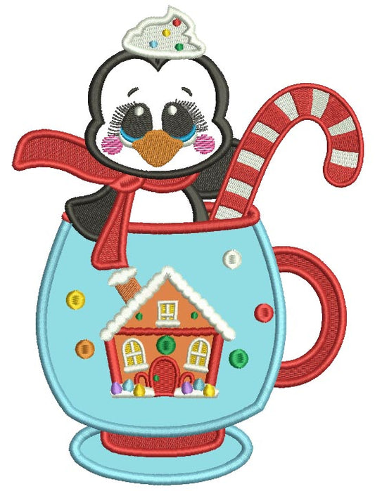 Cute Little Penguin Sitting Inside Cup Christmas Applique Machine Embroidery Design Digitized Pattern