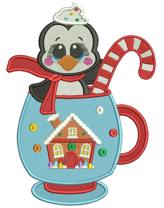 Cute Little Penguin Sitting Inside Cup Christmas Filled Machine Embroidery Design Digitized Pattern