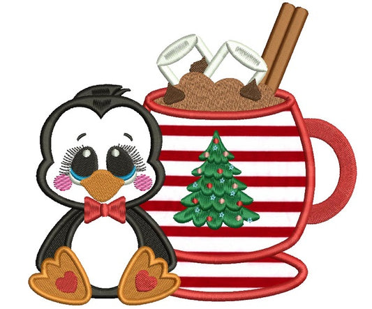 Cute Little Penguin Sitting Next To a Warm Cup Of Cocoa Christmas Applique Machine Embroidery Design Digitized Pattern