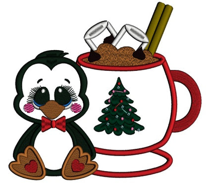 Cute Little Penguin Sitting Next To a Warm Cup Of Cocoa Christmas Applique Machine Embroidery Design Digitized Pattern