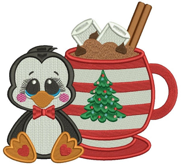 Cute Little Penguin Sitting Next To a Warm Cup Of Cocoa Christmas Filled Machine Embroidery Design Digitized Pattern