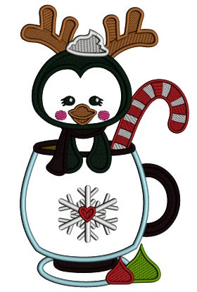 Cute Little Penguin Wearing Antlers and Sitting In The Cup Christmas Applique Machine Embroidery Design Digitized Pattern