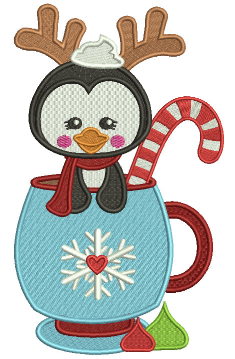 Cute Little Penguin Wearing Antlers and Sitting In The Cup Christmas Filled Machine Embroidery Design Digitized Pattern