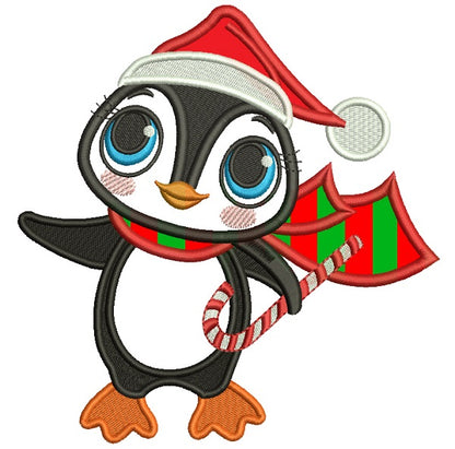 Cute Little Penguin Wearing Santa Hat And Holding Candy Cane Christmas Applique Machine Embroidery Design Digitized Pattern
