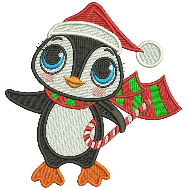 Cute Little Penguin Wearing Santa Hat And Holding Candy Cane Christmas Filled Machine Embroidery Design Digitized Pattern