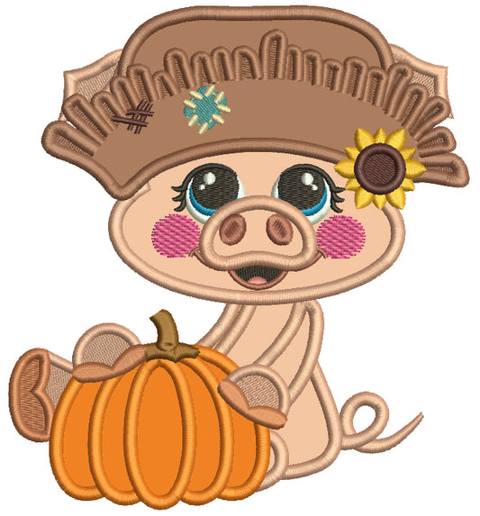 Cute Little Pig Farmer Holding Big Pumpkin Halloween Applique Machine Embroidery Design Digitized Pattern