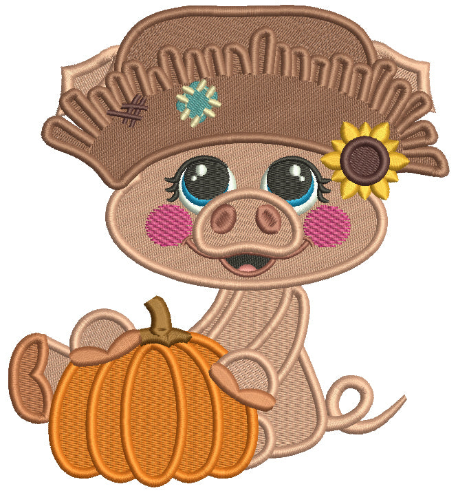 Cute Little Pig Farmer Holding Big Pumpkin Halloween Filled Machine Embroidery Design Digitized Pattern