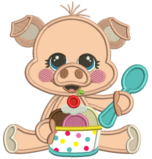 Cute Little Pig Holding Big Spoon And Eating Ice Cream Applique Machine Embroidery Design Digitized Pattern