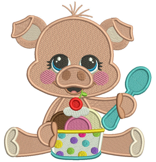 Cute Little Pig Holding Big Spoon And Eating Ice Cream Filled Machine Embroidery Design Digitized Pattern