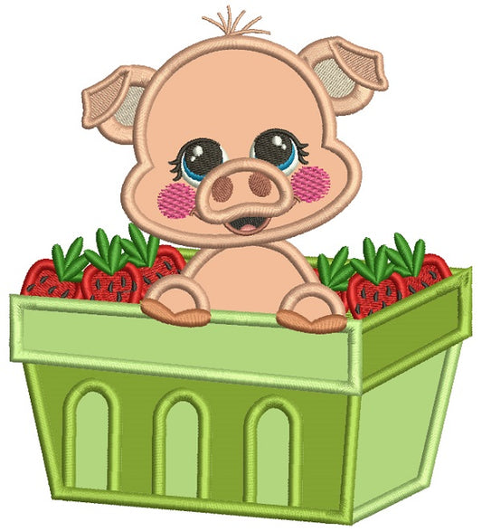Cute Little Pig Sitting Inside a Basket Filled With Strawberries Applique Machine Embroidery Design Digitized Pattern