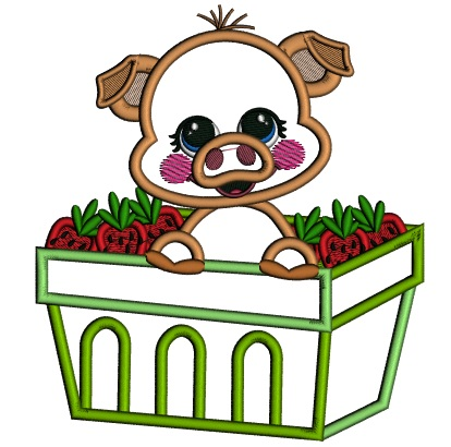 Cute Little Pig Sitting Inside a Basket Filled With Strawberries Applique Machine Embroidery Design Digitized Pattern