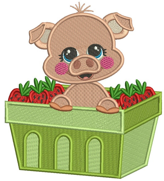 Cute Little Pig Sitting Inside a Basket Filled With Strawberries Filled Machine Embroidery Design Digitized Pattern