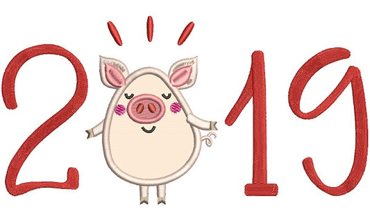 Cute Little Piggy 2019 Happy New Year Applique Machine Embroidery Design Digitized Pattern