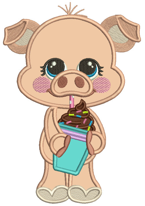 Cute Little Piggy Drinking Chocolate Shake Applique Machine Embroidery Design Digitized Pattern