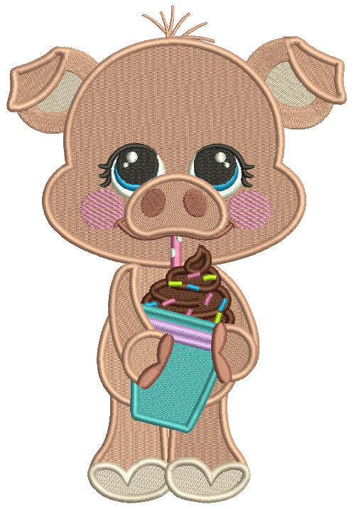 Cute Little Piggy Drinking Chocolate Shake Filled Machine Embroidery Design Digitized Pattern