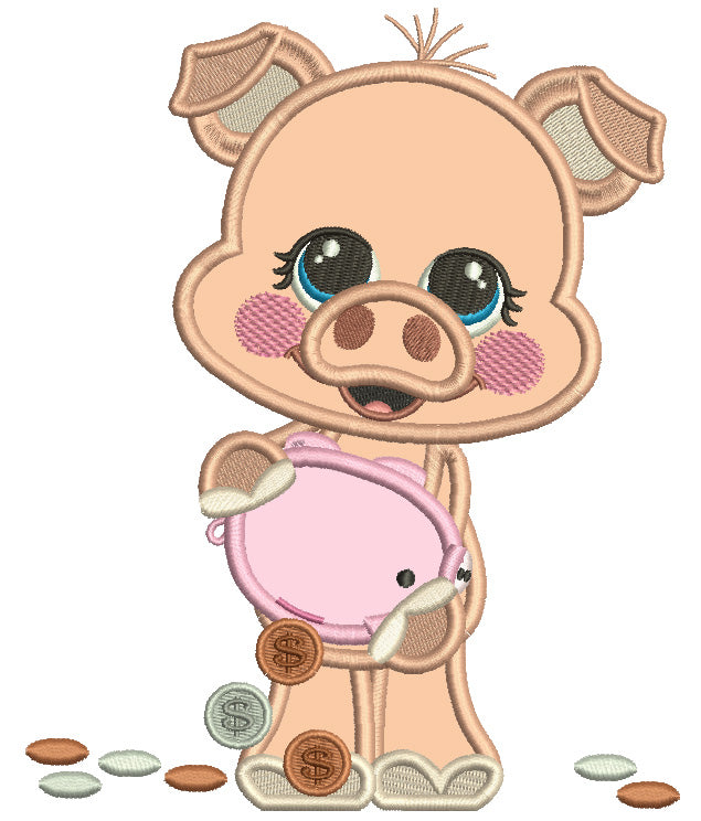 Cute Little Piggy Holding Pennies in a Piggy Bank Applique Machine Embroidery Design Digitized Pattern