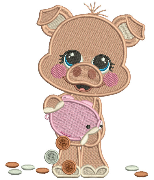 Cute Little Piggy Holding Pennies in a Piggy Bank Filled Machine Embroidery Design Digitized Pattern
