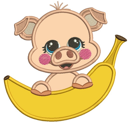 Cute Little Piggy Holding a Banana Applique Machine Embroidery Digitized Design Pattern