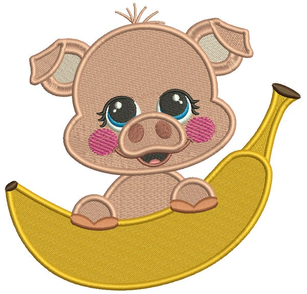 Cute Little Piggy Holding a Banana Filled Machine Embroidery Digitized Design Pattern