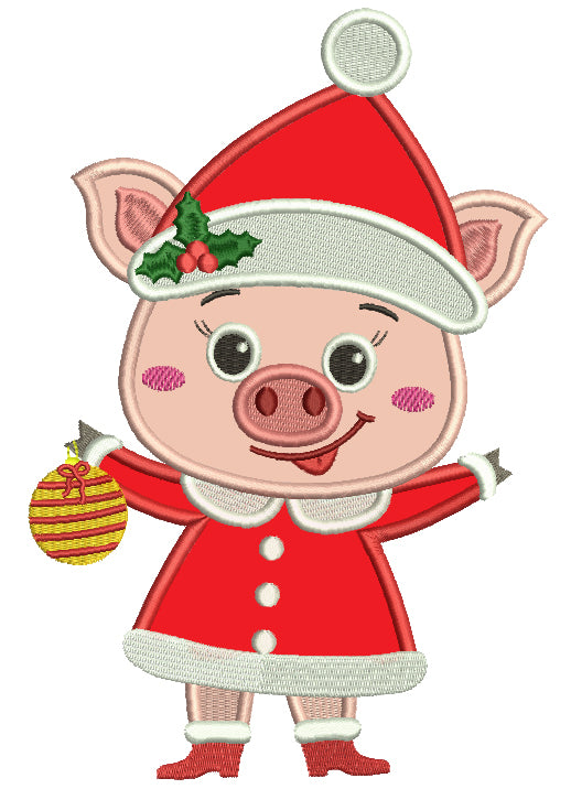 Cute Little Piggy Wearing Santa Hat And Holding Christmas Ornament Applique Machine Embroidery Design Digitized Pattern