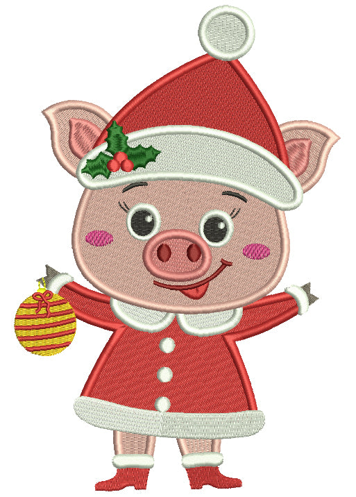 Cute Little Piggy Wearing Santa Hat And Holding Christmas Ornament Filled Machine Embroidery Design Digitized Pattern
