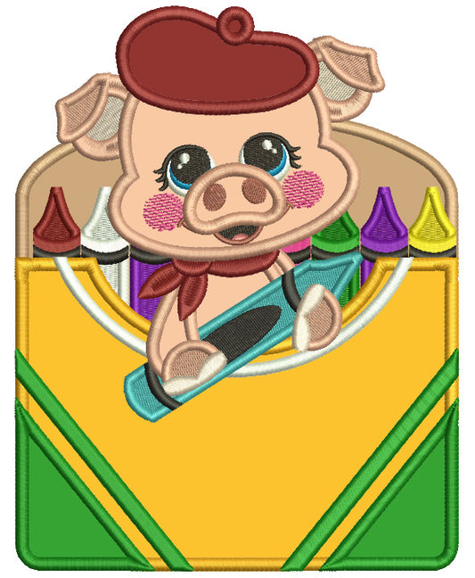 Cute Little Piggy With a Box of Crayons School Applique Machine Embroidery Design Digitized Pattern