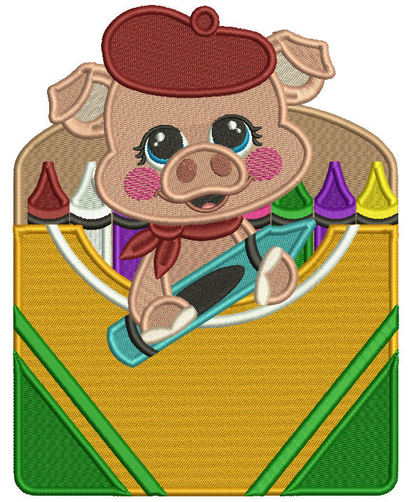 Cute Little Piggy With a Box of Crayons School Filled Machine Embroidery Design Digitized Pattern
