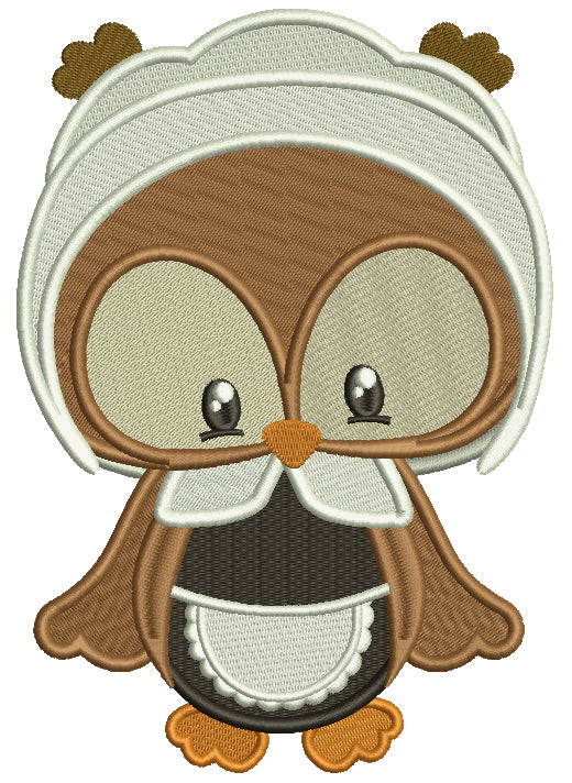 Cute Little Pilgrim Girl Owl Thanksgiving Applique Machine Embroidery Digitized Design Pattern