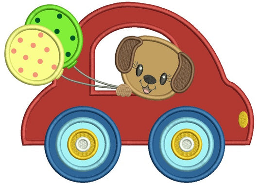 Cute Little Puppy Riding In Car Holding Balloons Applique Machine Embroidery Design Digitized Pattern