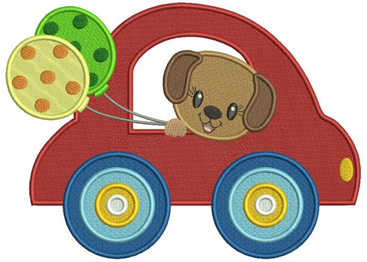 Cute Little Puppy Riding In Car Holding Balloons Filled Machine Embroidery Design Digitized Pattern