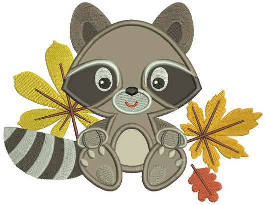 Cute Little Raccoon With Leaves Applique Machine Embroidery Design Digitized Pattern