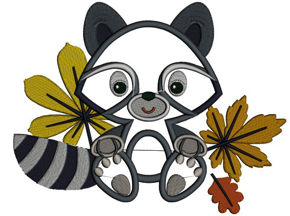 Cute Little Raccoon With Leaves Applique Machine Embroidery Design Digitized Pattern