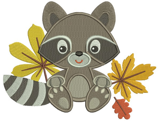 Cute Little Raccoon With Leaves Filled Machine Embroidery Design Digitized Pattern