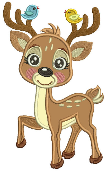 Cute Little Reindeer With Two Singing Birds Applique Machine Embroidery Design Digitized Pattern