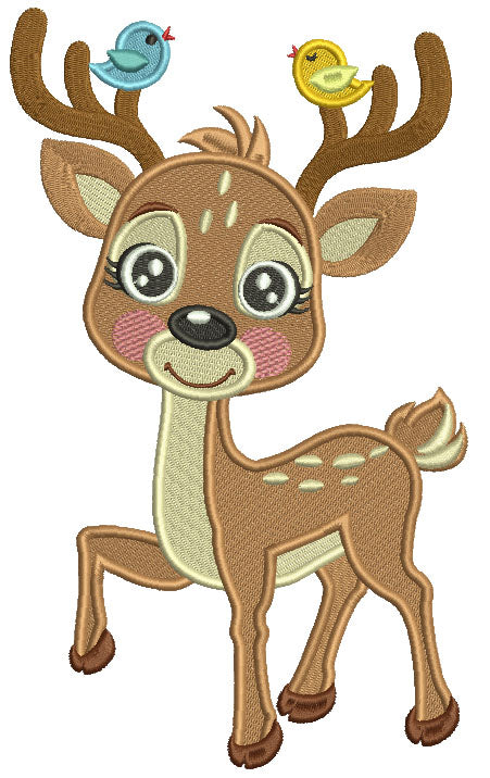 Cute Little Reindeer With Two Singing Birds Filled Machine Embroidery Design Digitized Pattern