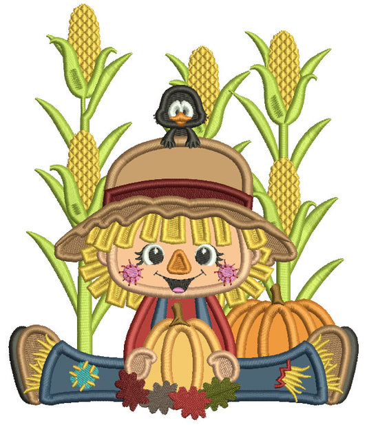 Cute Little Scarecrow Sitting In a Cornfield Holding a Pumpkin Applique Machine Embroidery Design Digitized Pattern