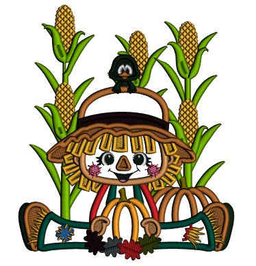 Cute Little Scarecrow Sitting In a Cornfield Holding a Pumpkin Applique Machine Embroidery Design Digitized Pattern