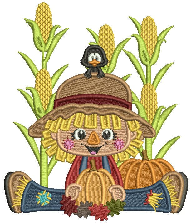 Cute Little Scarecrow Sitting In a Cornfield Holding a Pumpkin Filled Machine Embroidery Design Digitized Pattern