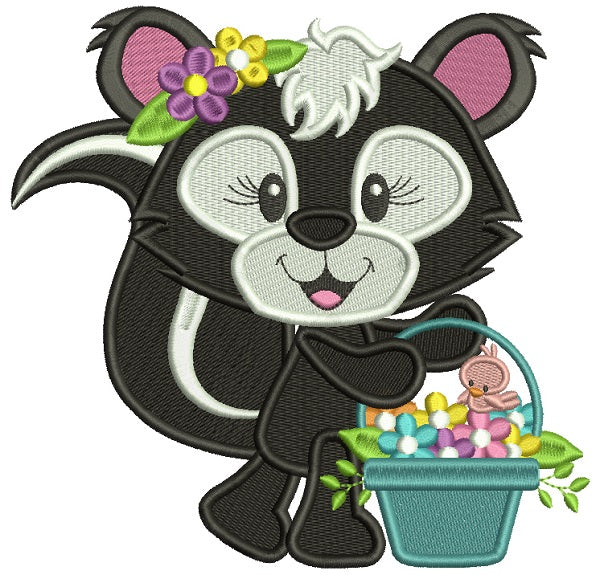 Cute Little Skunk Holding Flowers Filled Machine Embroidery Design Digitized Pattern