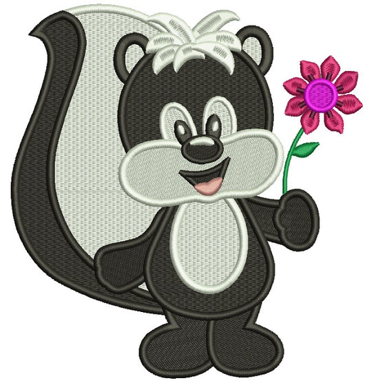 Cute Little Skunk Holding a Flower Filled Machine Embroidery Design Digitized Pattern