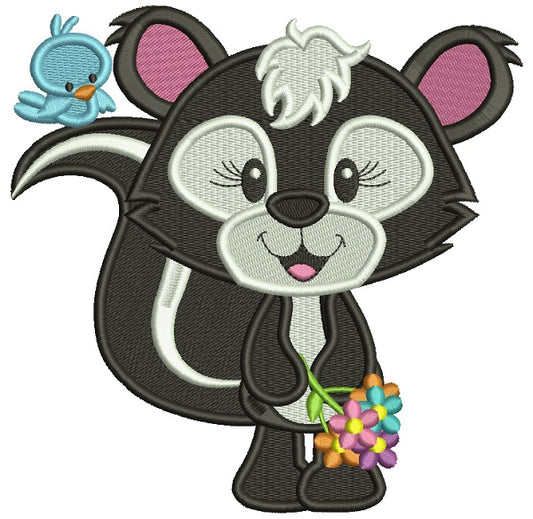 Cute Little Skunk With A Little Bird Filled Machine Embroidery Design Digitized Pattern