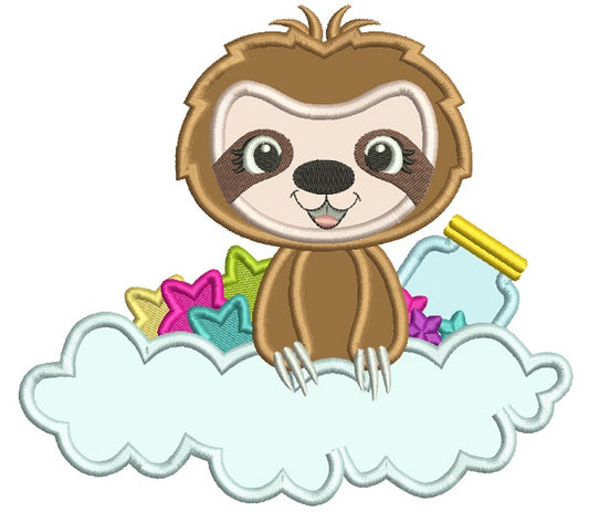 Cute Little Sloth sitting In The Cloud With Stars and a Jar Applique Machine Embroidery Design Digitized Pattern