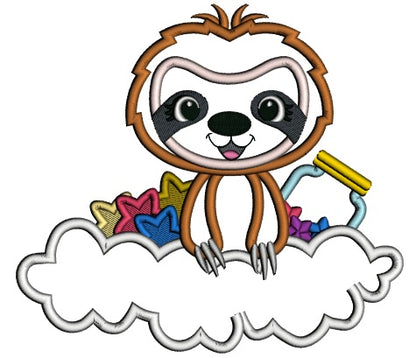 Cute Little Sloth sitting In The Cloud With Stars and a Jar Applique Machine Embroidery Design Digitized Pattern