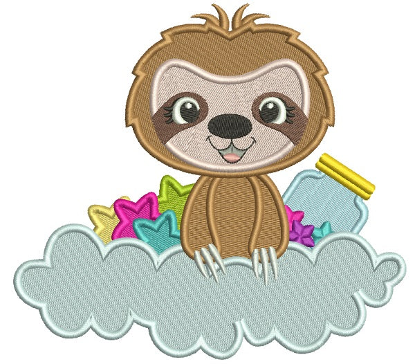Cute Little Sloth sitting In The Cloud With Stars and a Jar Filled Machine Embroidery Design Digitized Pattern