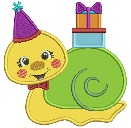 Cute Little Snail With Birthday Presents Applique Machine Embroidery Design Digitized Pattern