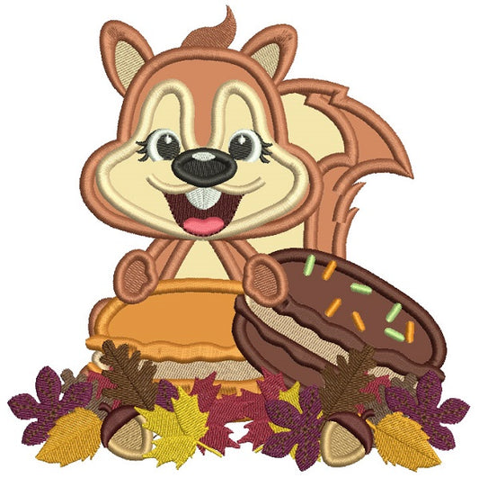 Cute Little Squirrel Eating Donuts Fall Applique Machine Embroidery Design Digitized Pattern