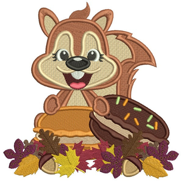 Cute Little Squirrel Eating Donuts Fall Filled Machine Embroidery Design Digitized Pattern