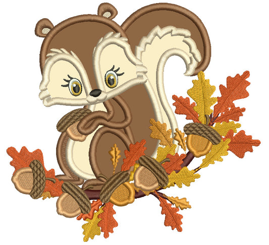 Cute Little Squirrel Sitting On The Branch Holding an Acorn Fall Applique Machine Embroidery Design Digitized Pattern