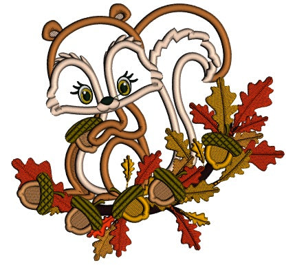 Cute Little Squirrel Sitting On The Branch Holding an Acorn Fall Applique Machine Embroidery Design Digitized Pattern