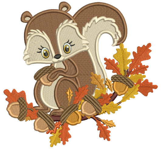 Cute Little Squirrel Sitting On The Branch Holding an Acorn Fall Filled Machine Embroidery Design Digitized Pattern